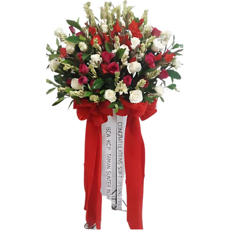 Flower Elegan ini hadir dengan kerangka besi padat yang kokoh dan bunga segar pilihan. Sempurna untuk berbagai acara seperti pernikahan, ulang tahun, atau ucapan simpati. Anda dapat mengkustom bunga, ucapan, dan desain sesuai dengan keinginan Anda, menjadikannya pilihan yang personal dan istimewa.